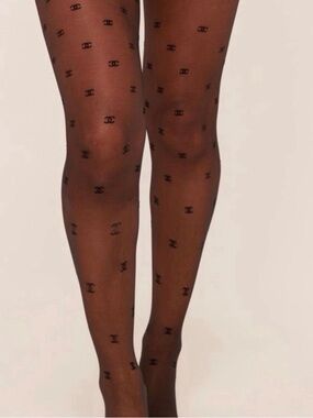 CHANEL Black Logo Sheer Brown Tights